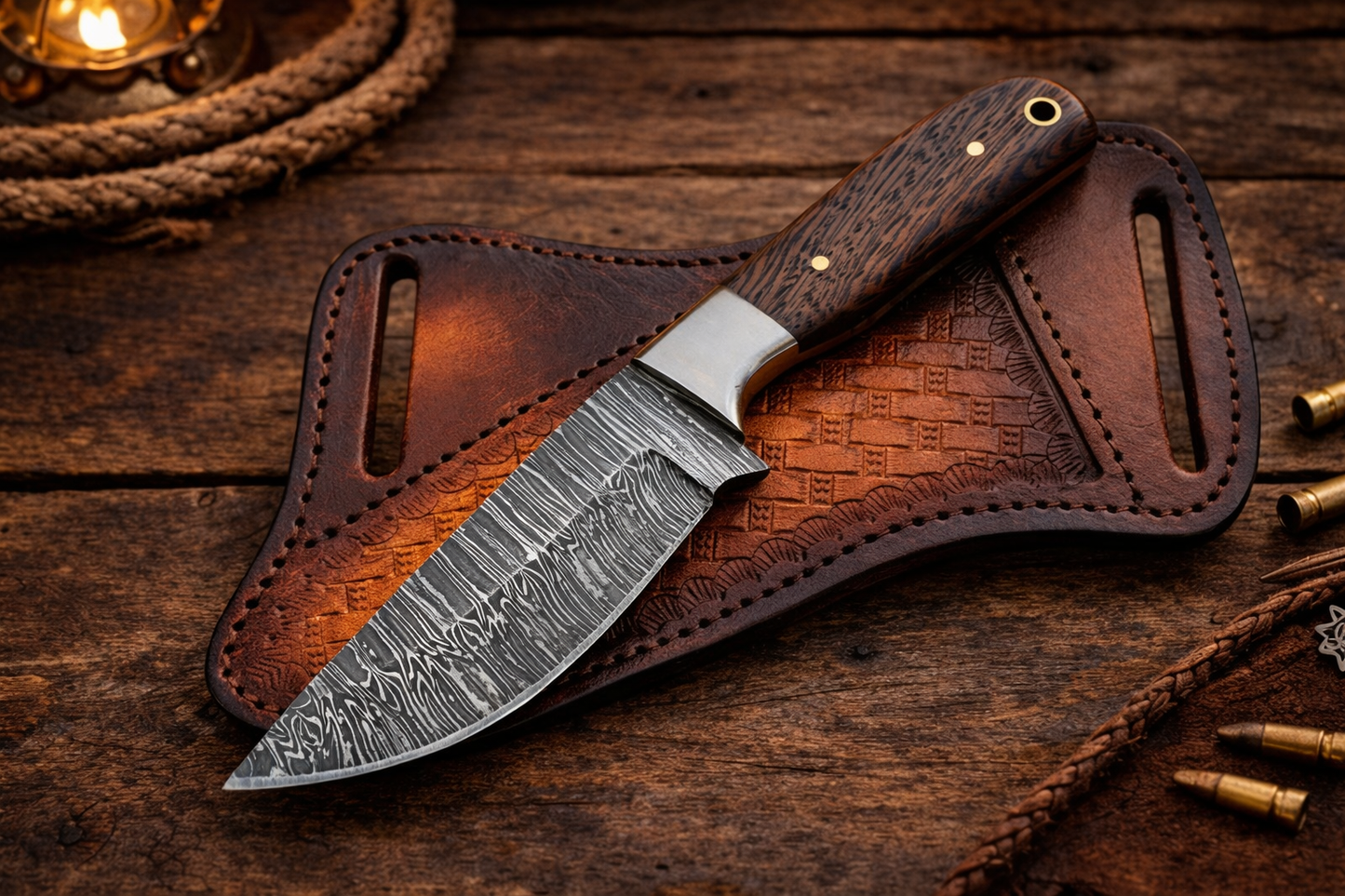 7" Handcrafted Damascus Steel Field Tool Ironwood Handle - Leather Sheath