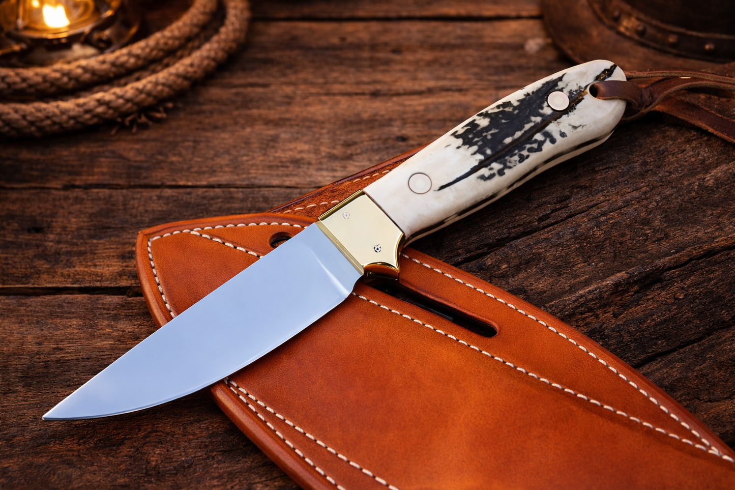 7" Handcrafted High Carbon Steel Field Tool Antler Handle - Leather Sheath