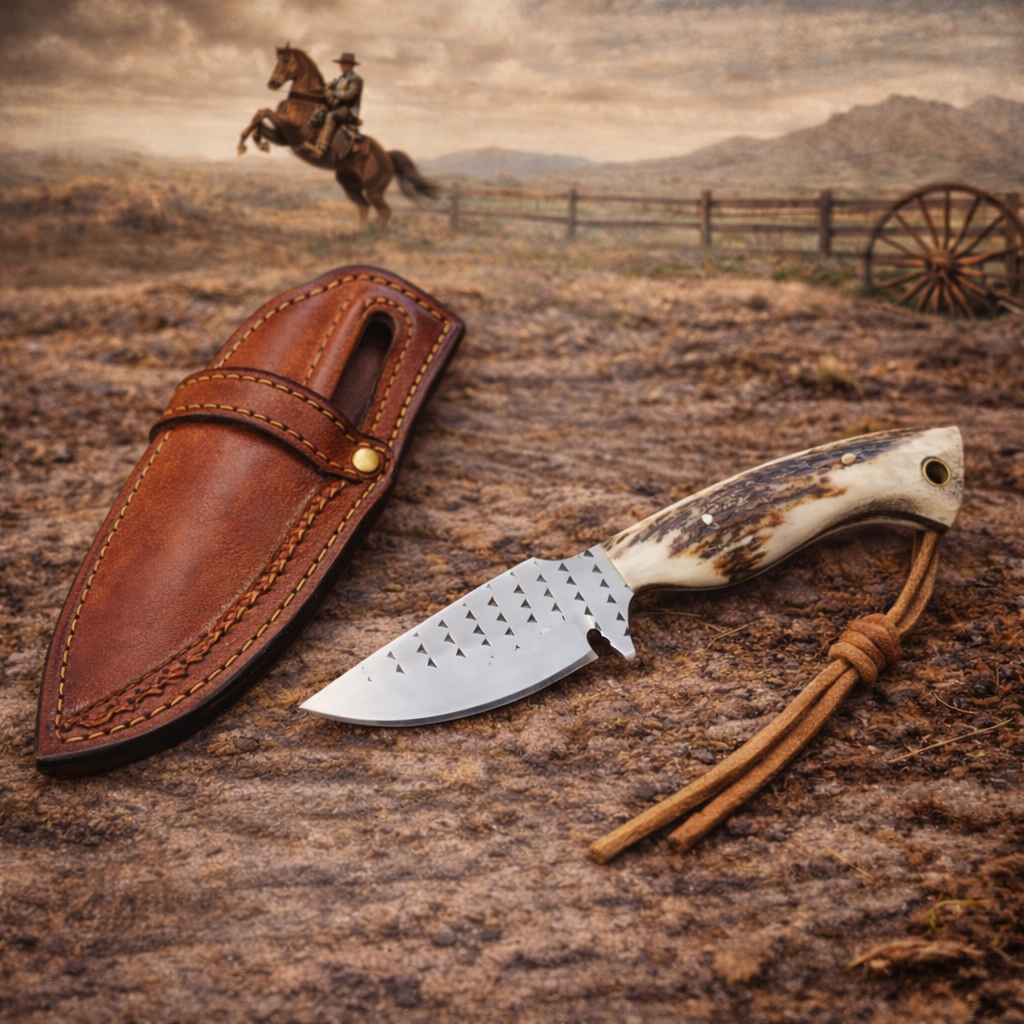 6.5" Handcrafted Farrier Rasp Steel Western Utility Tool Antler Handle - Leather Sheath