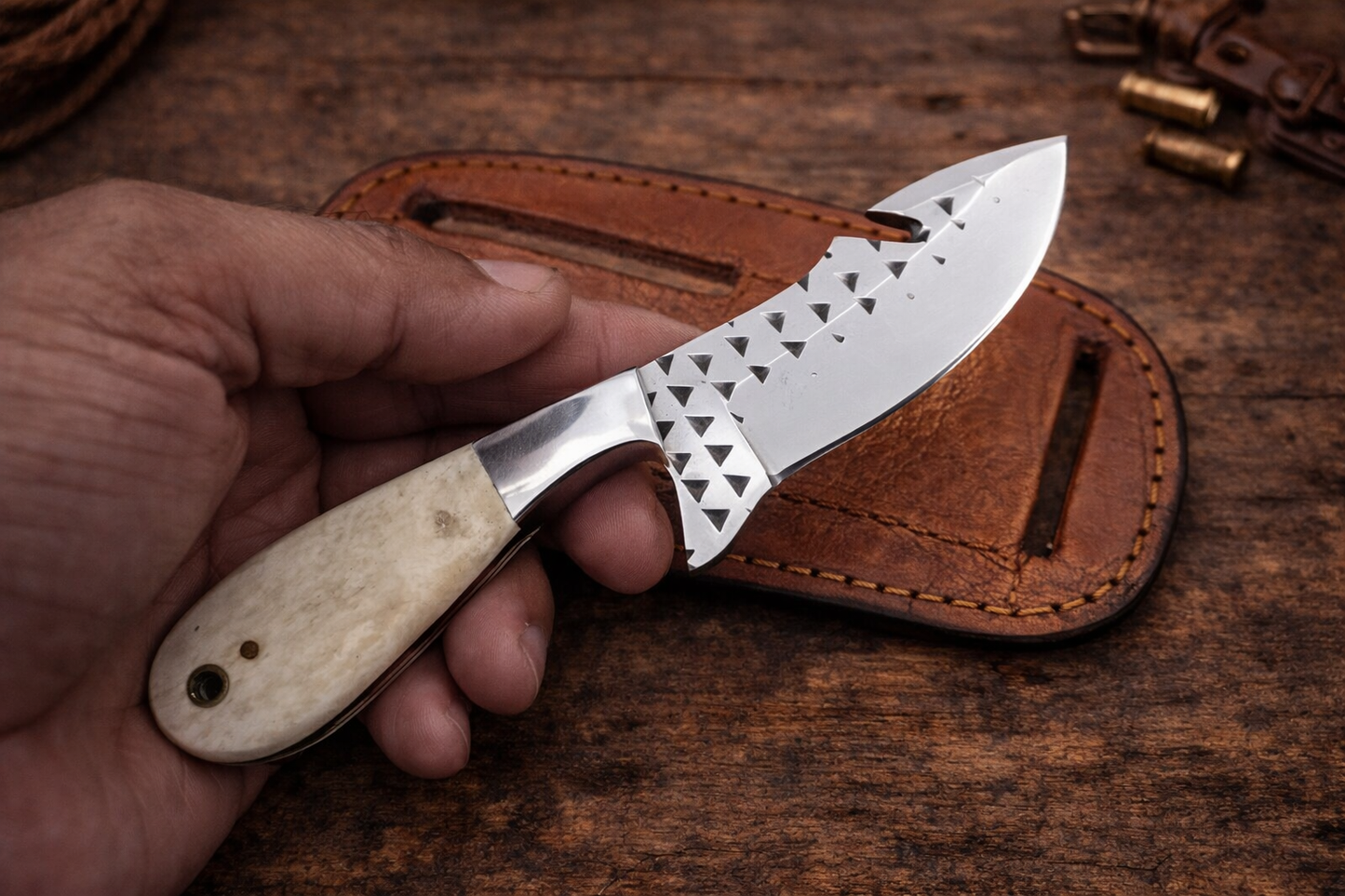 Handcrafted 7" Rasp Steel Gut Hook Field Work Western Cowboy Tool with Leather Sheath