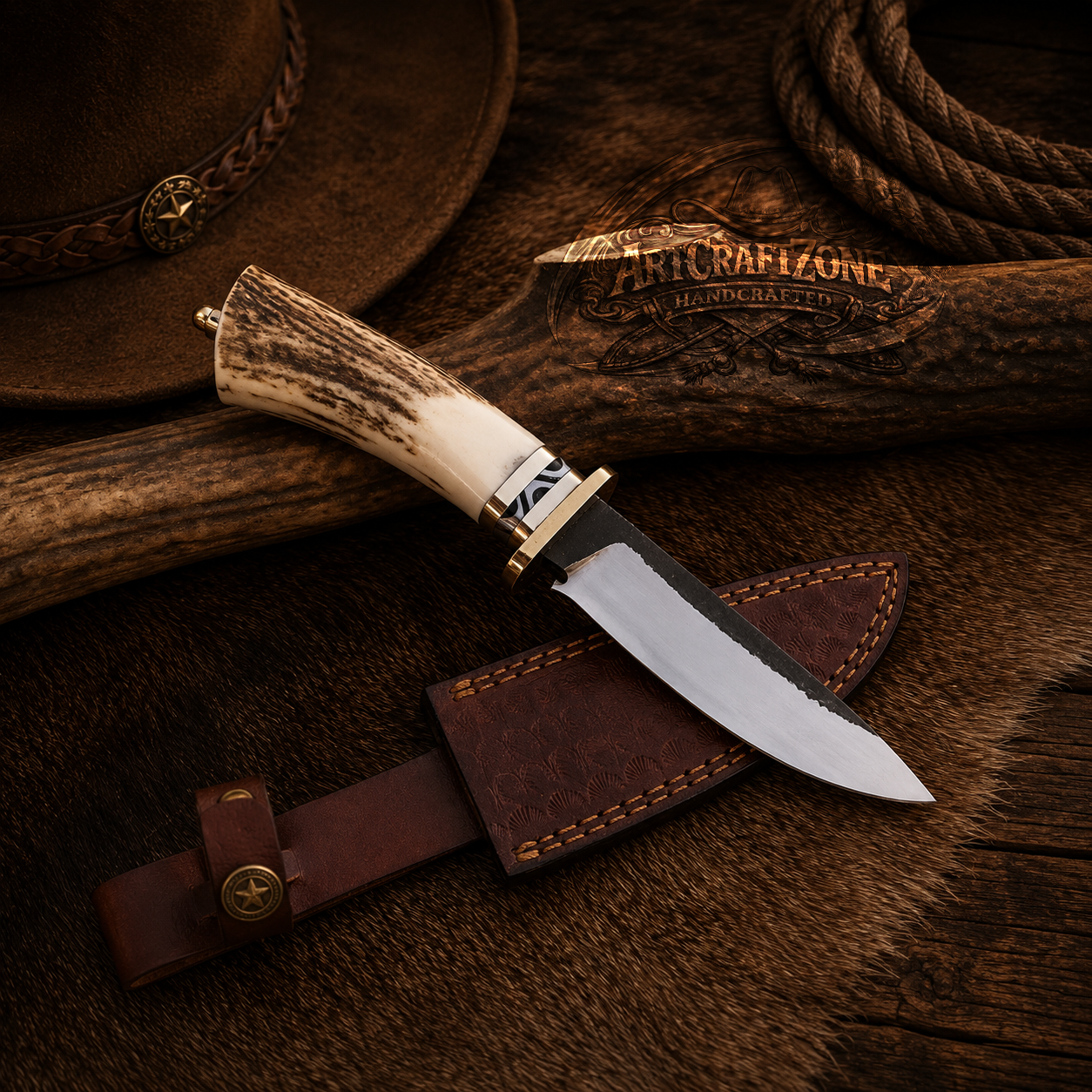 Handcrafted Skinning High Carbon Steel Western Cowboy Field Work Tool with Leather Sheath