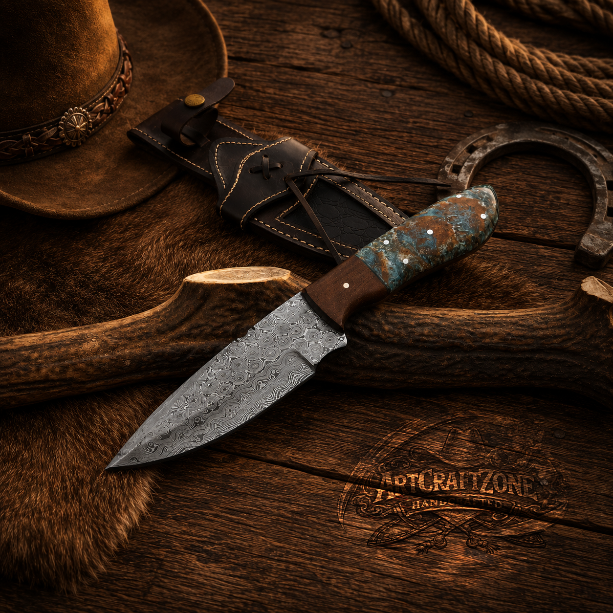 Handcrafted EDC Skinning Premium Damascus Western Cowboy Field Work Tool with Leather Sheath