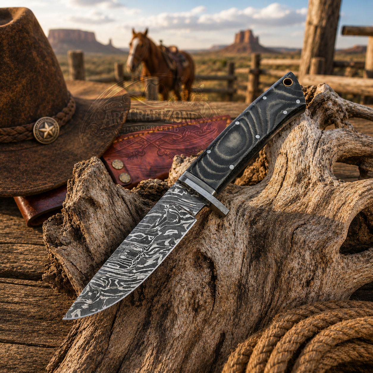 Handcrafted Skinning Premium Damascus Western Cowboy Field Work Tool with Leather Sheath