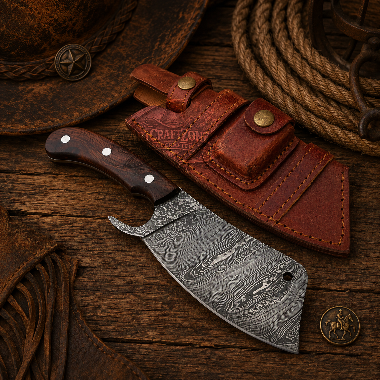 9.5" Handcrafted Outdoor Cleaver Damascus Steel Ironwood Handle - Leather Sheath