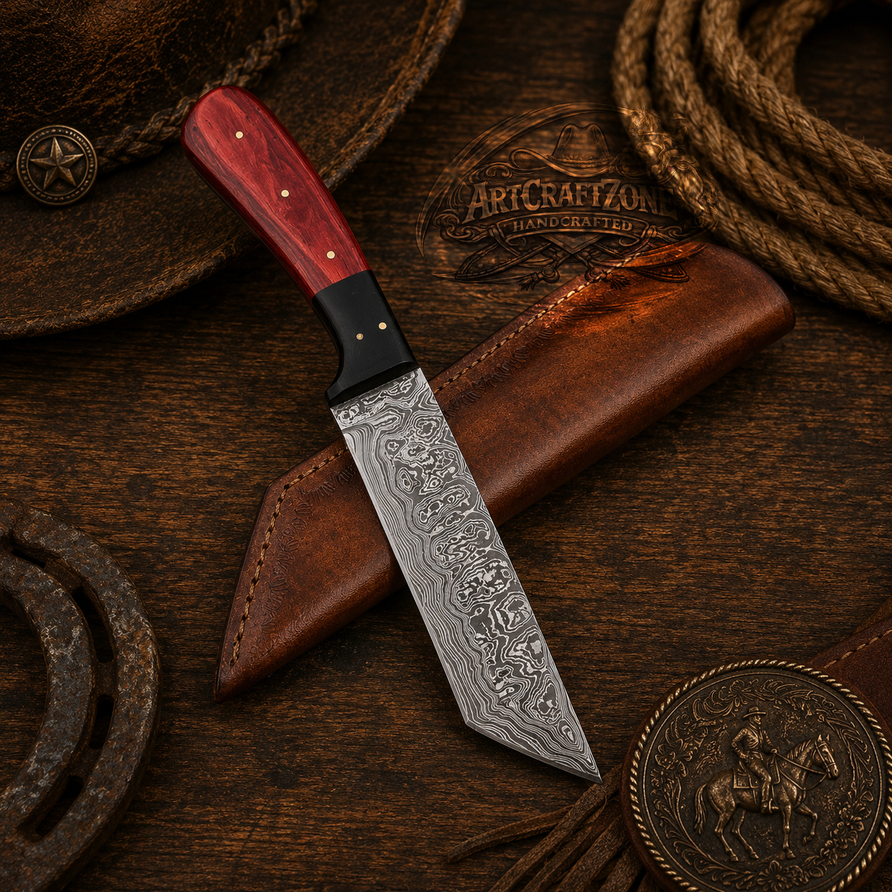 Handcrafted Tanto Point Premium Damascus Western Cowboy Field Work Tool with Leather Sheath