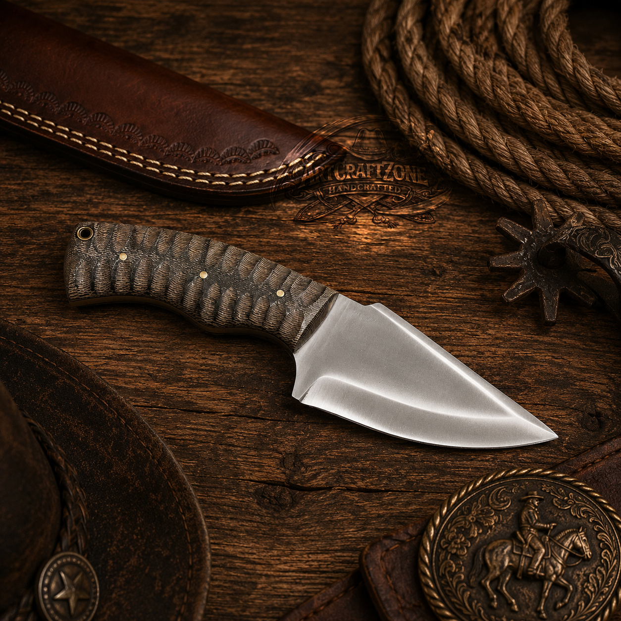 Handcrafted Skinning High Carbon Steel Western Cowboy Field Work Tool with Leather Sheath