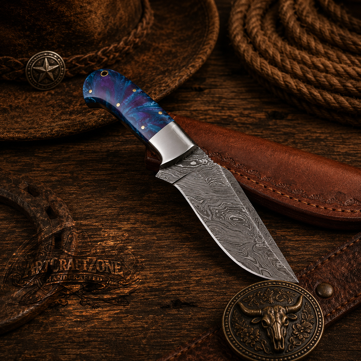 Handcrafted Skinning Premium Damascus Western Cowboy Field Work Tool with Leather Sheath
