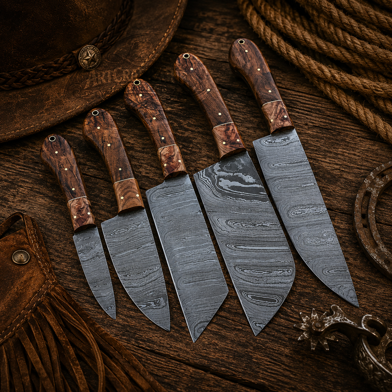 Handcrafted 5-Piece Damascus Kitchen Chef Knives Set Iron Wood & Olive Wood Handle - Leather Sheath