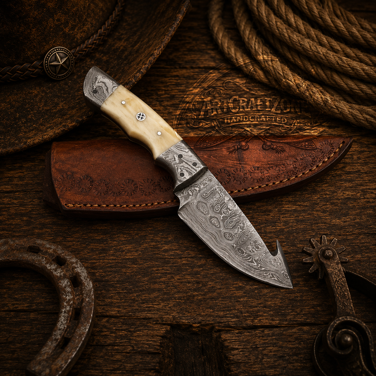 Handcrafted Gut Hook Premium Damascus Western Cowboy Field Work Tool with Leather Sheath