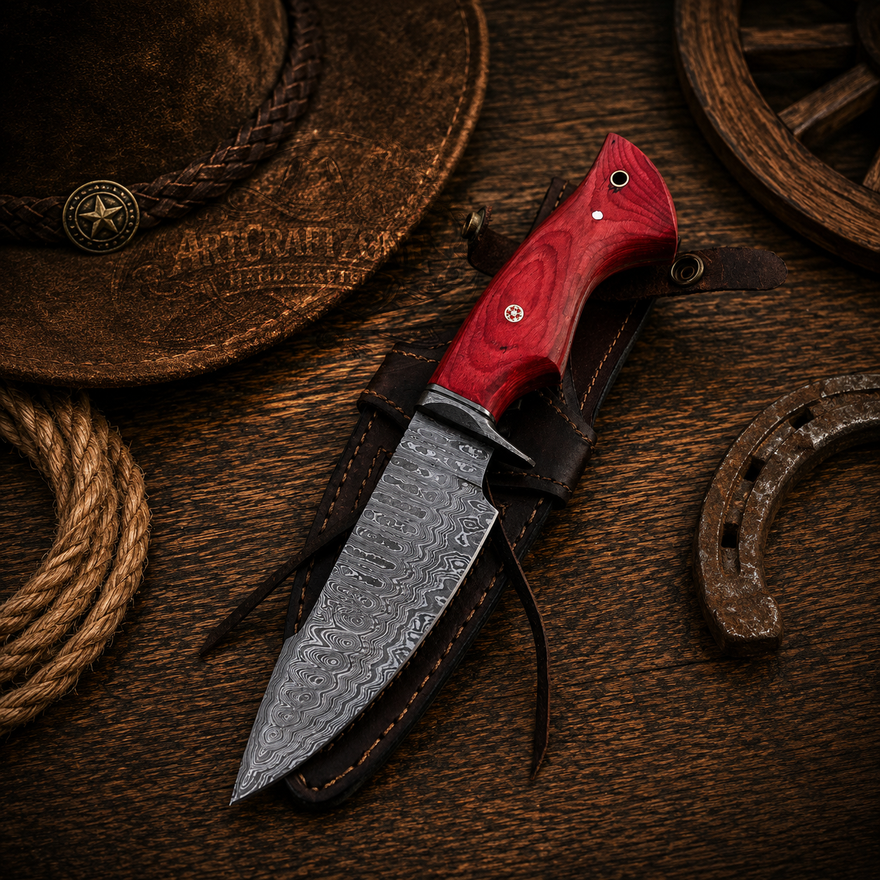 10" Handmade Damascus Pink Handle Hunting Tool – Leather Sheath
