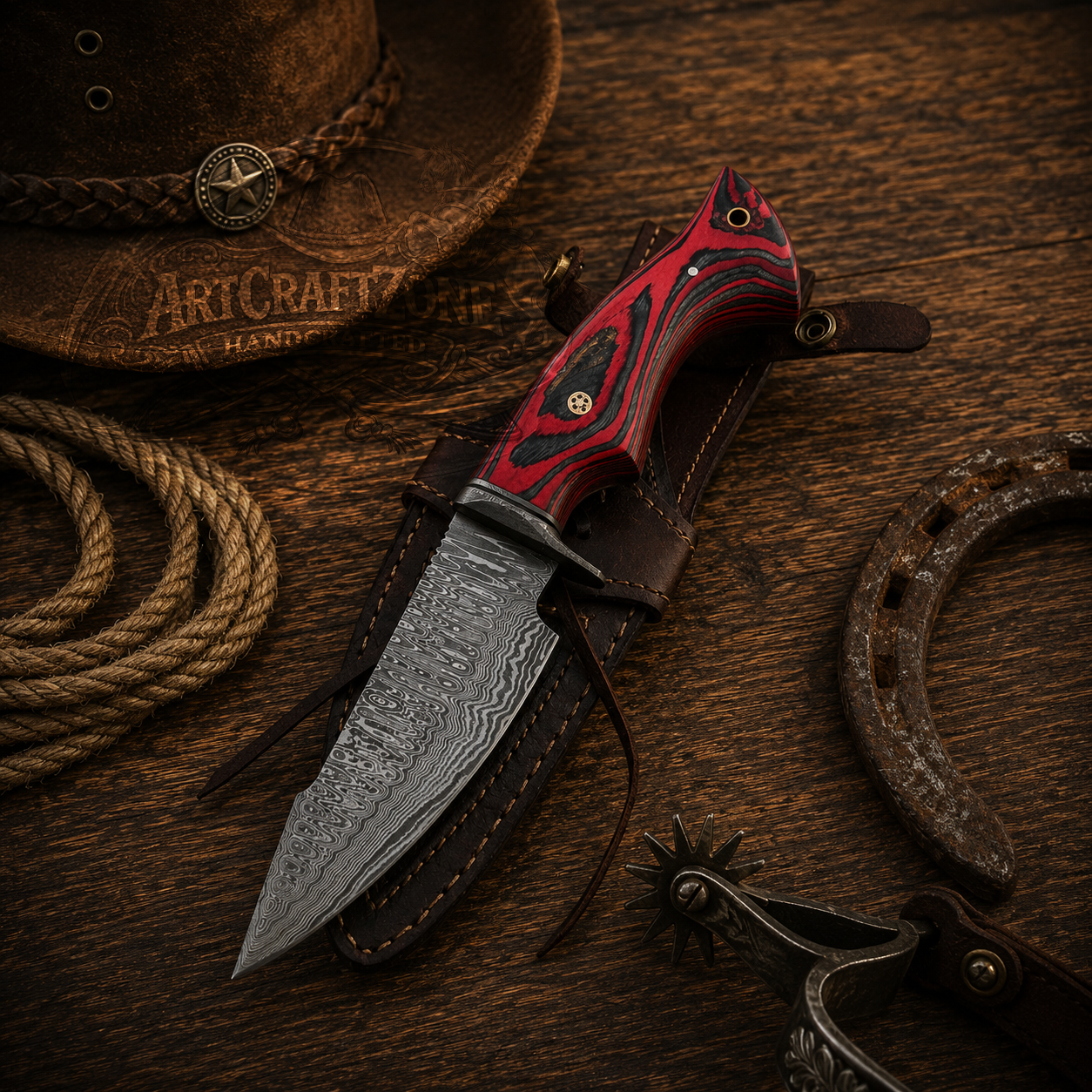 10" Handmade Damascus Red Black Handle Hunting Tool – Leather Sheath