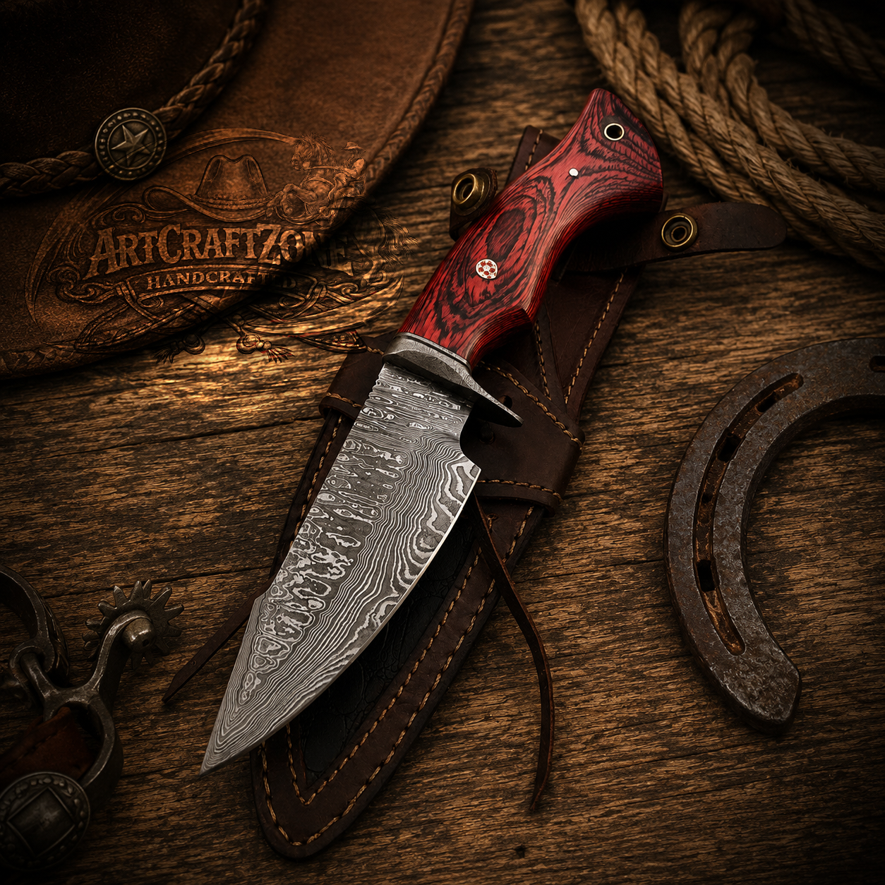 10" Handcrafted Hunting Knife Damascus Steel Exotic Wood Handle - Leather Sheath