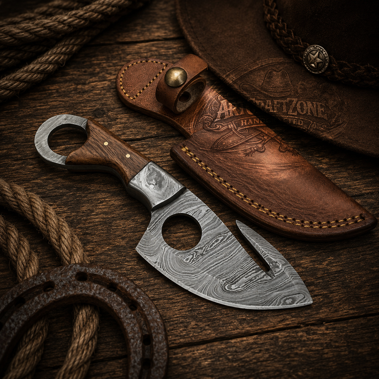 Handcrafted Gut Hook Skinning Premium Damascus Western Cowboy Field Work Tool with Leather Sheath