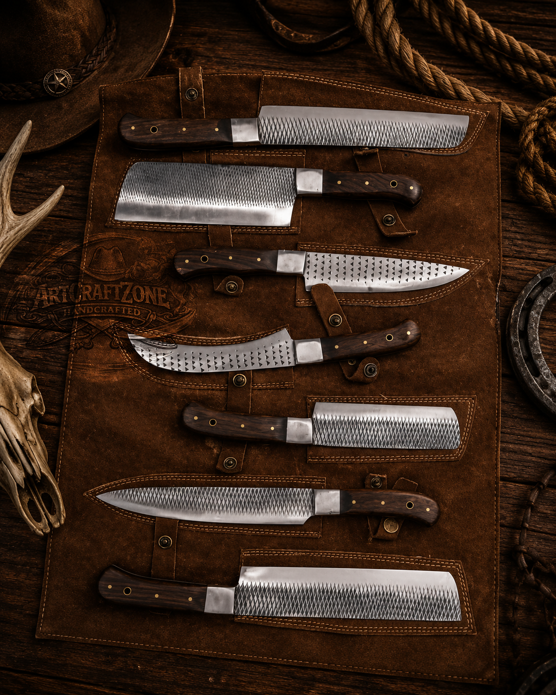 Handcrafted 7-Piece Rasp File Steel Kitchen Chef Knives Set Wood Handle - Leather Sheath