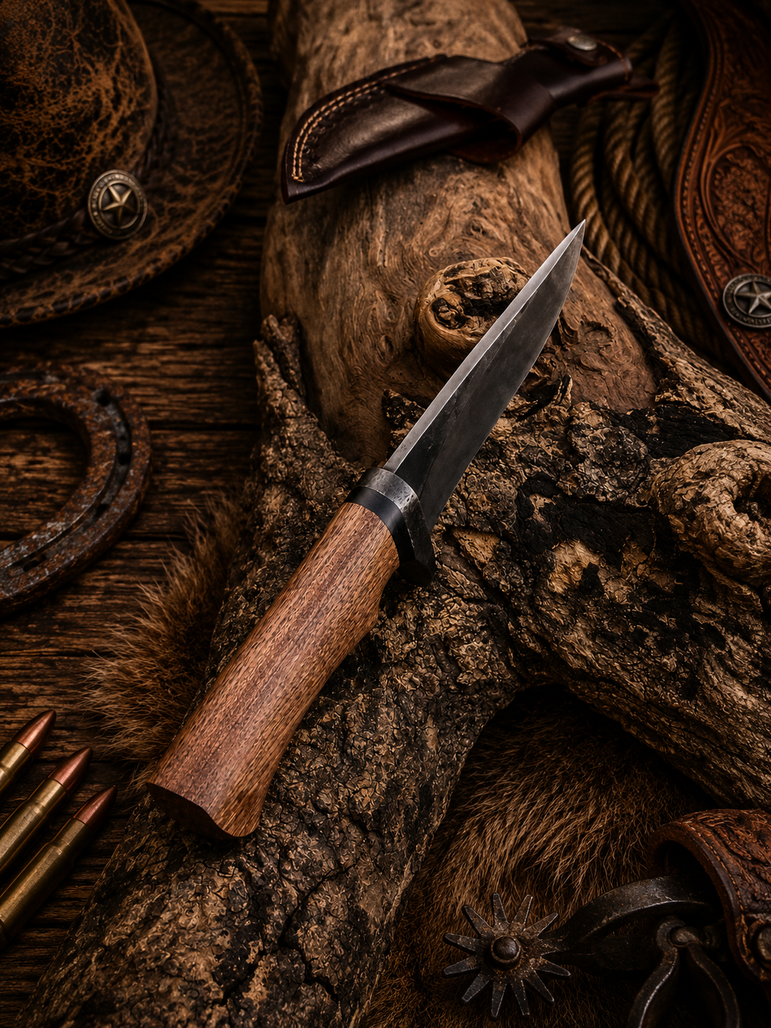 Handcrafted EDC Hunting High Carbon Steel Western Cowboy Field Work Tool with Leather Sheath