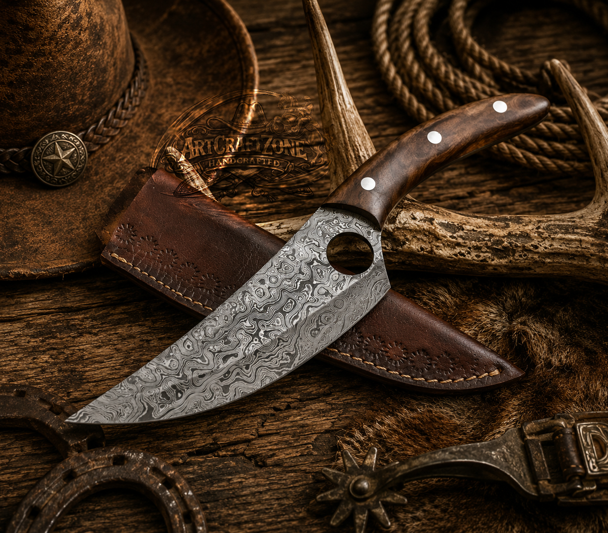 11" Handcrafted Damascus Chef Knife Iron Wood Handle - Leather Sheath