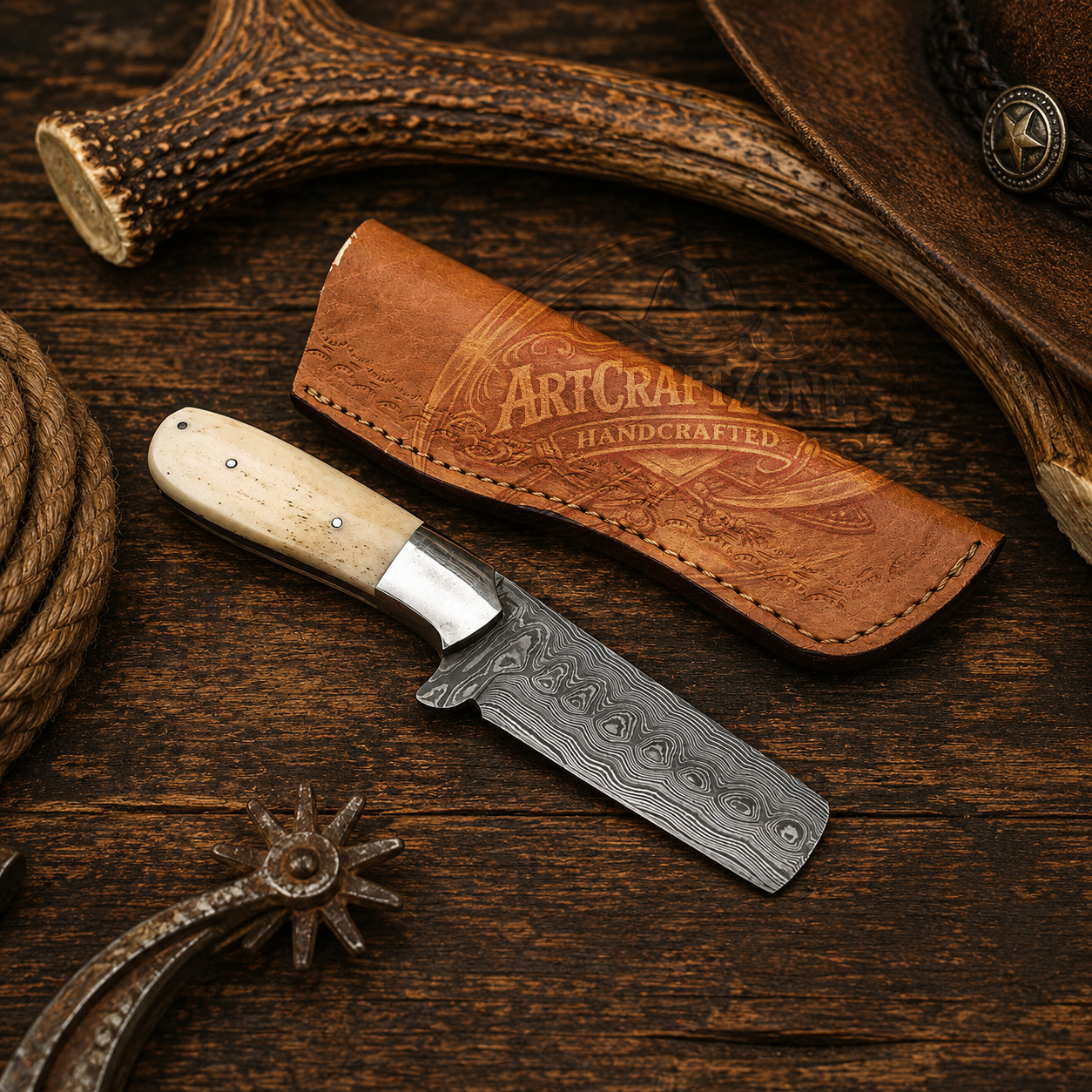 Handcrafted 8" Bull Cutter Damascus Western Cowboy Field Work Tool with Leather Sheath