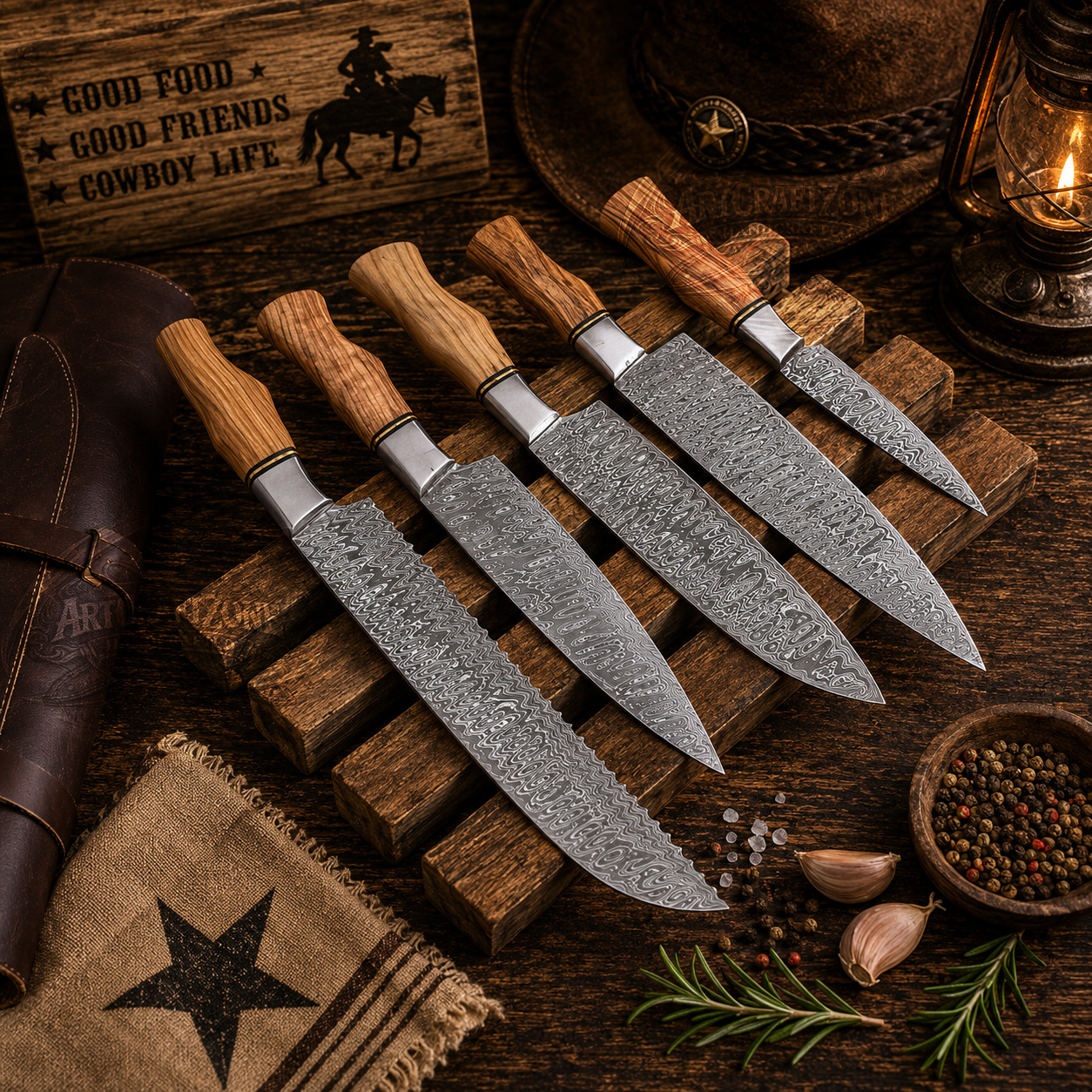 Handcrafted 5-Piece Damascus Kitchen Chef Knives Set Olive Wood Handle - Leather Sheath
