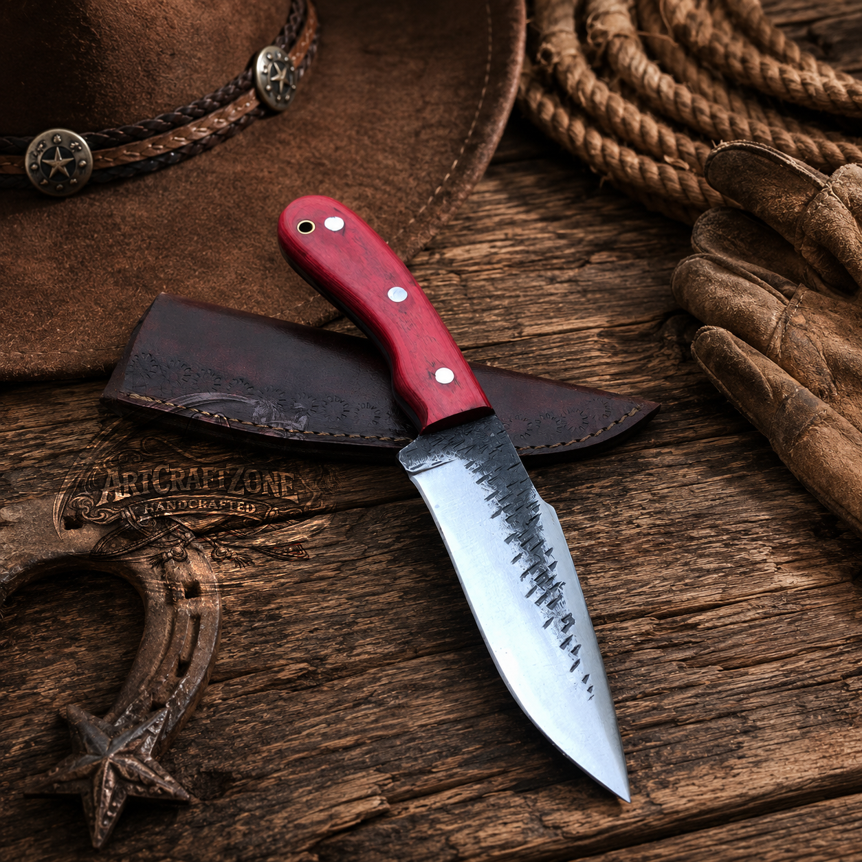 Handcrafted Hunting High Carbon Steel Western Cowboy Field Work Tool with Leather Sheath
