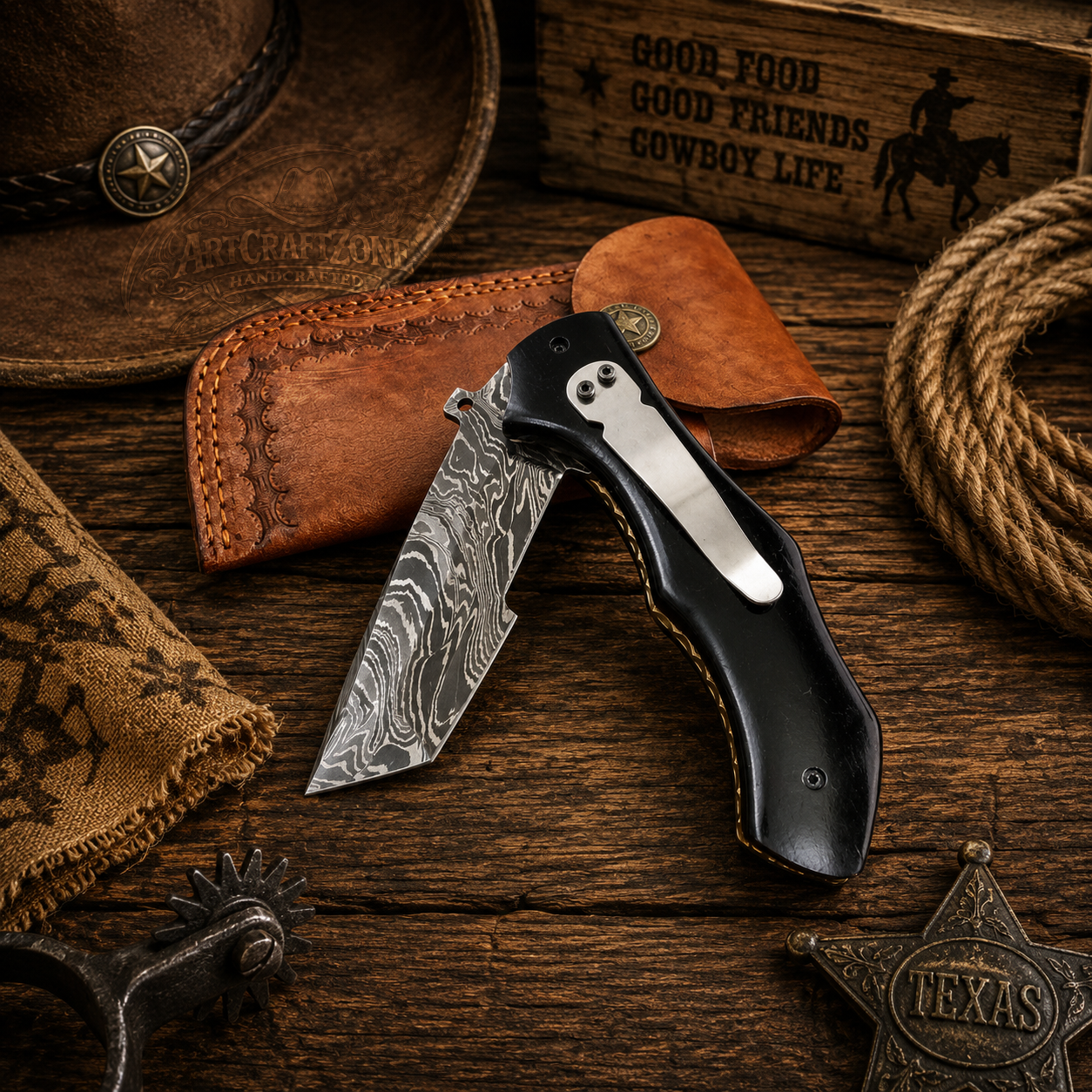 Handcrafted Tanto Pocket Knife Premium Damascus Western Cowboy with Leather Sheath