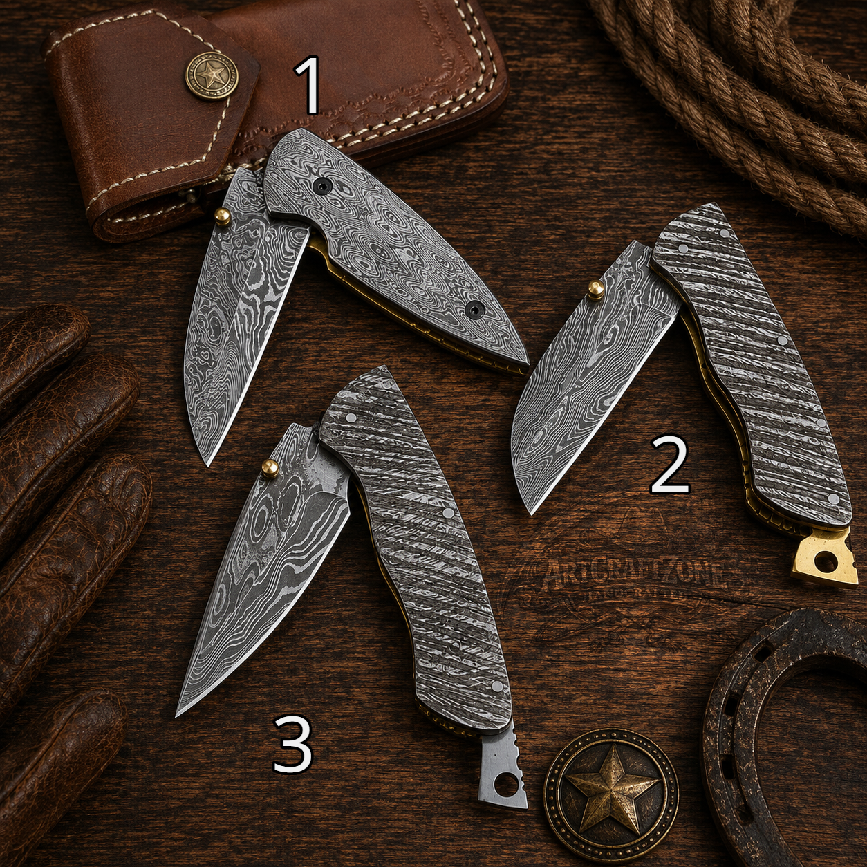 Handcrafted Bull Cutter Full Damascus Western Cowboy Folding Tool with Leather Sheath