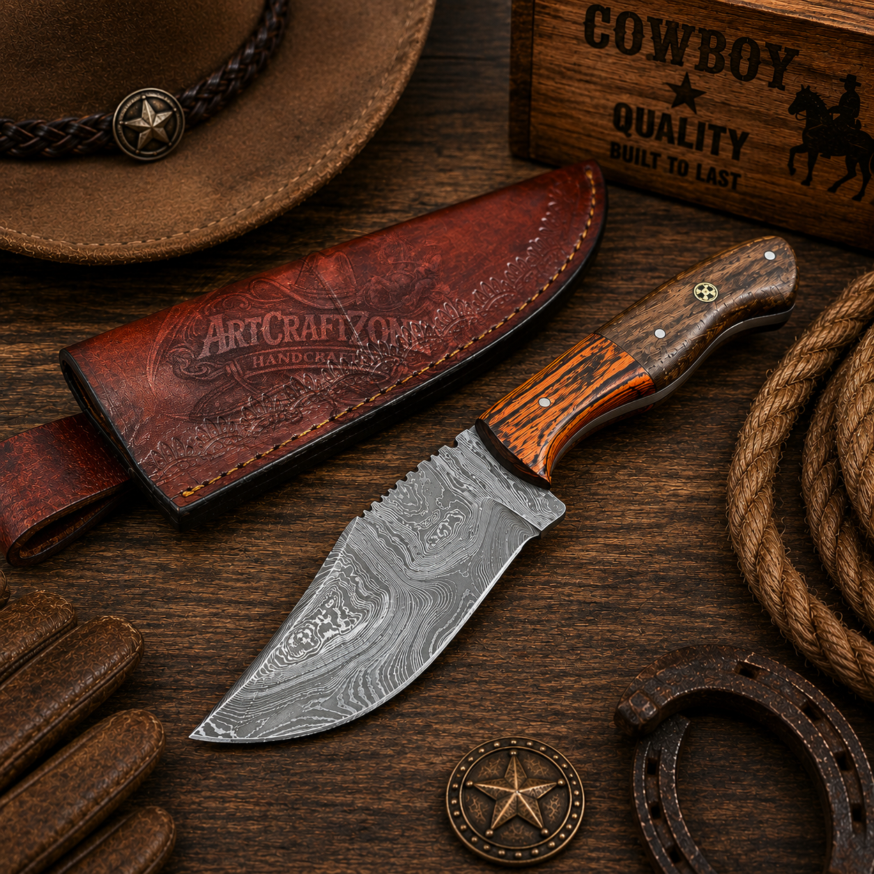8" Handcrafted Damascus EDC Field Work Knife Iron Wood Handle - Leather Sheath