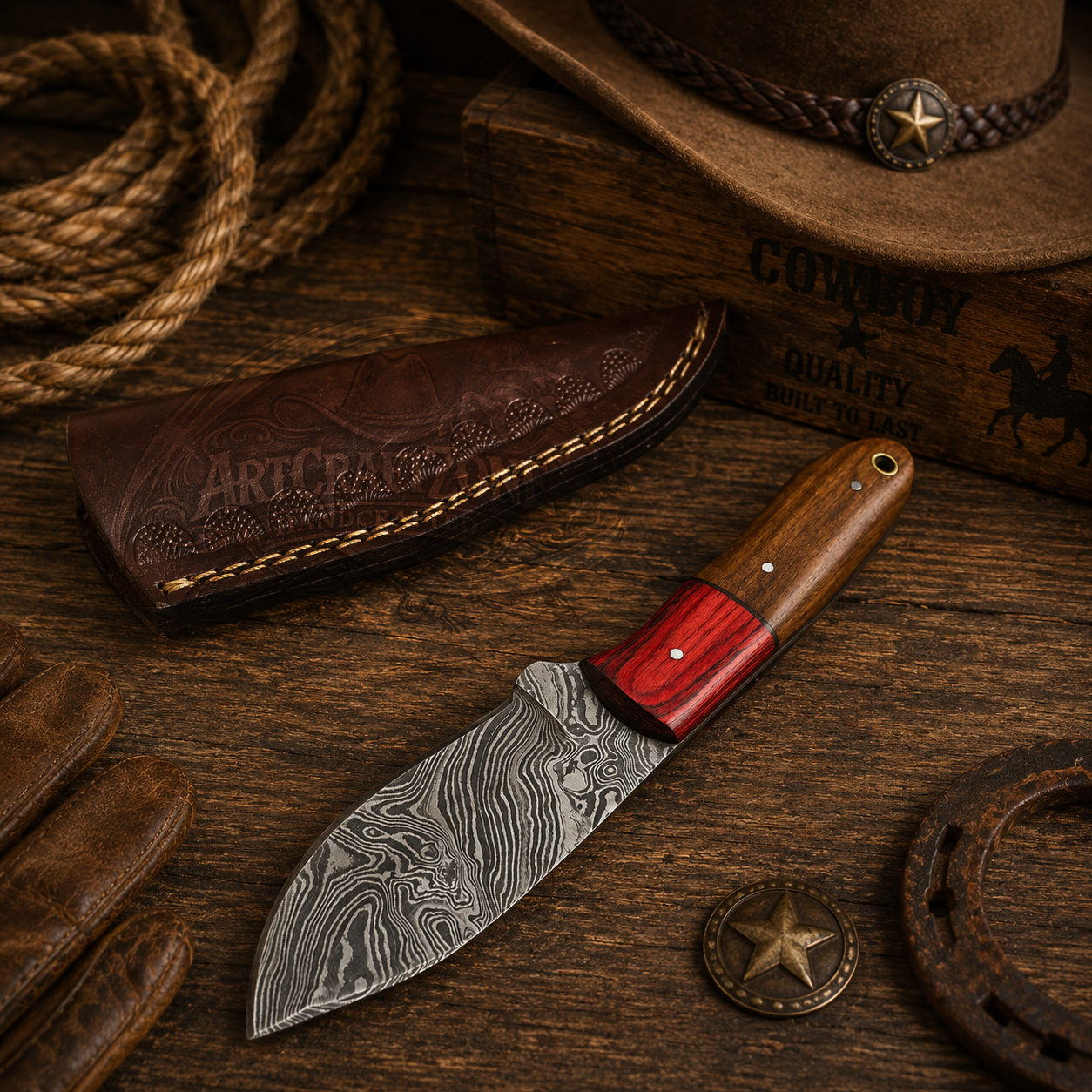 Handcrafted Skinning Premium Damascus Western Cowboy Field Work Tool with Leather Sheath