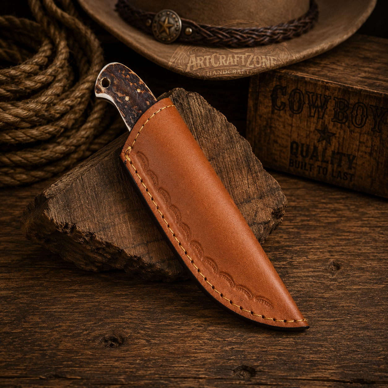 7" Handcrafted Skinning Knife Damascus Steel Antler Handle - Leather Sheath