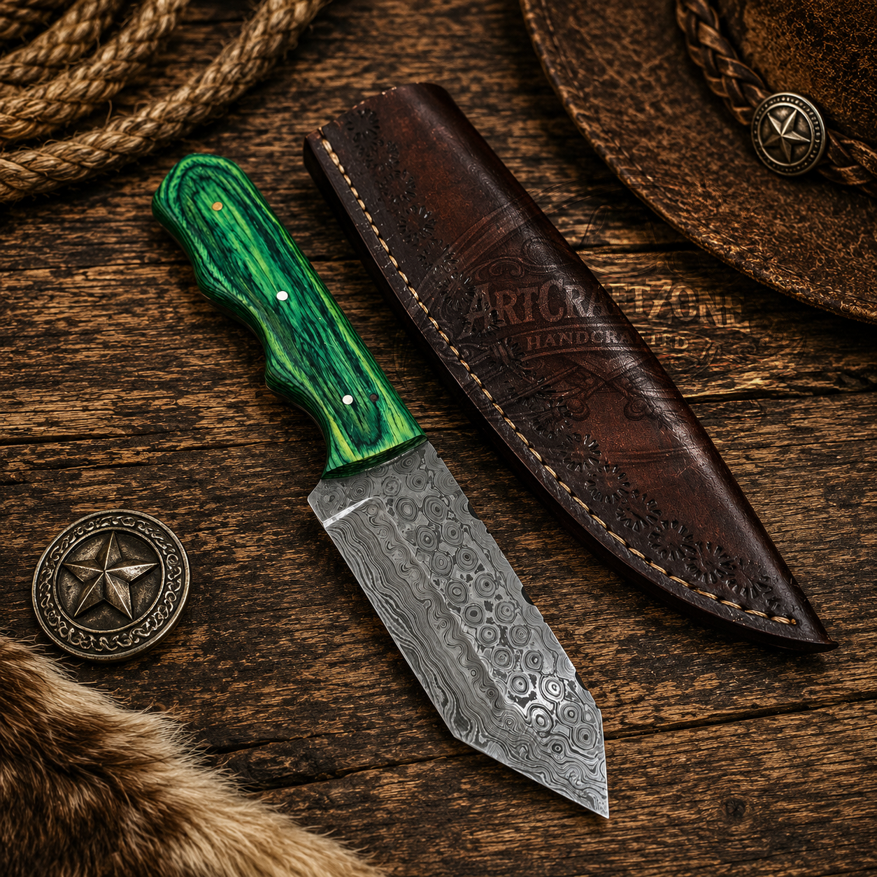 Handcrafted Saxy Edge Premium Damascus Western Cowboy Field Work Tool with Leather Sheath