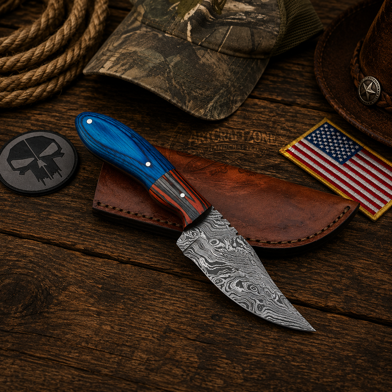 8" Handcrafted Damascus EDC Field Work Knife Exotic Wood Handle - Leather Sheath