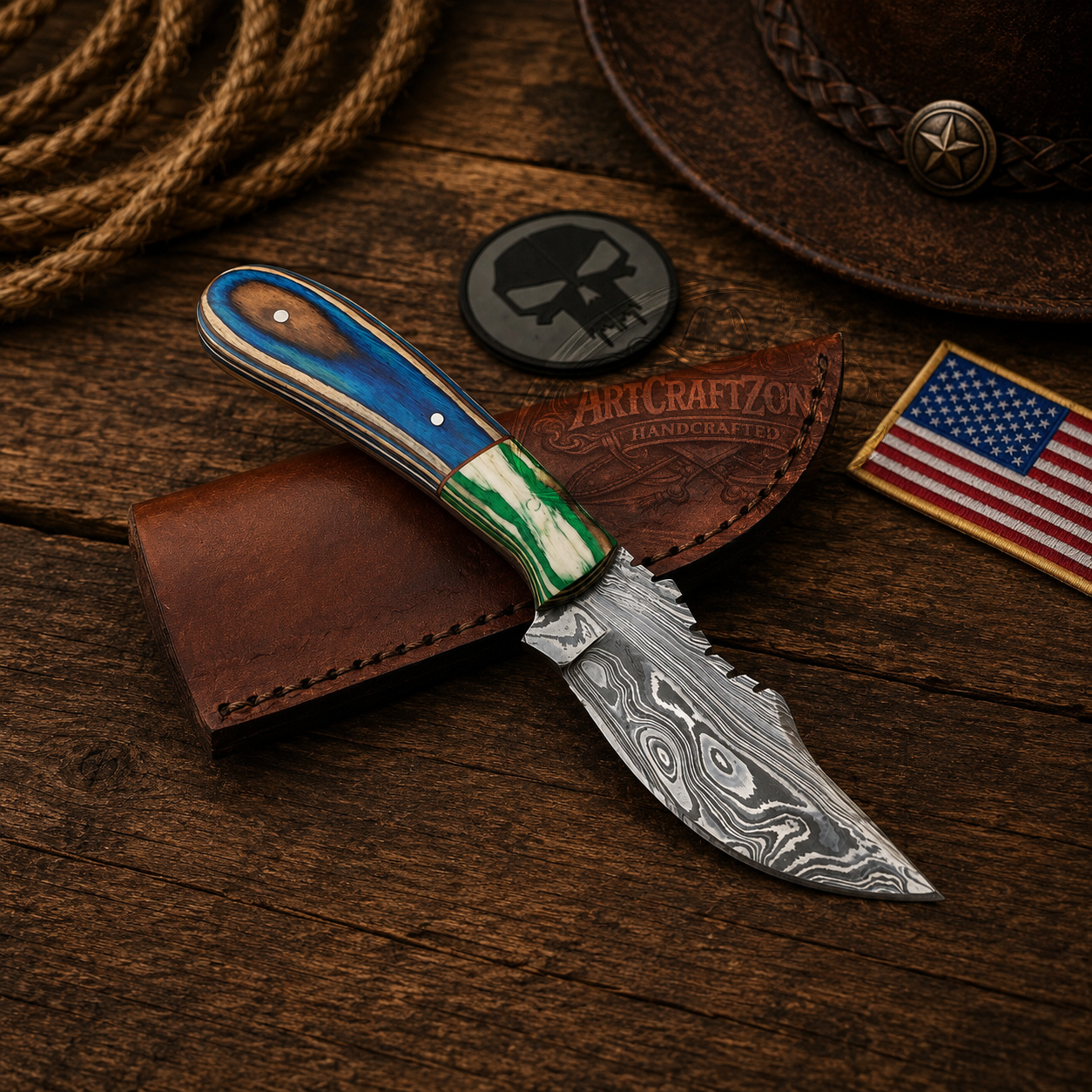 Handcrafted Skinning Premium Damascus Western Cowboy Field Work Tool with Leather Sheath