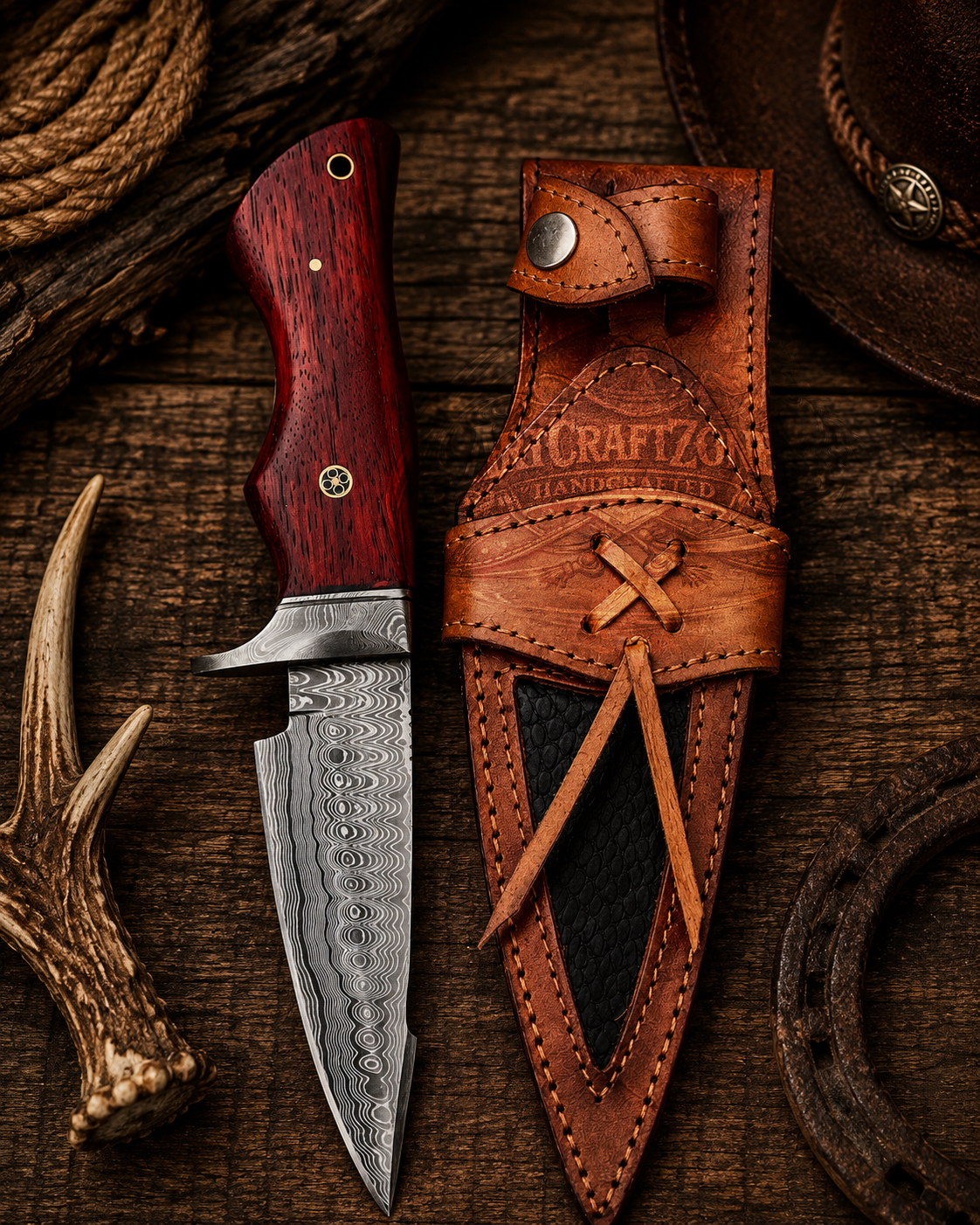 Handcrafted Hunting Premium Damascus Western Cowboy Field Work Tool Exotic Wood Handle with Leather Sheath