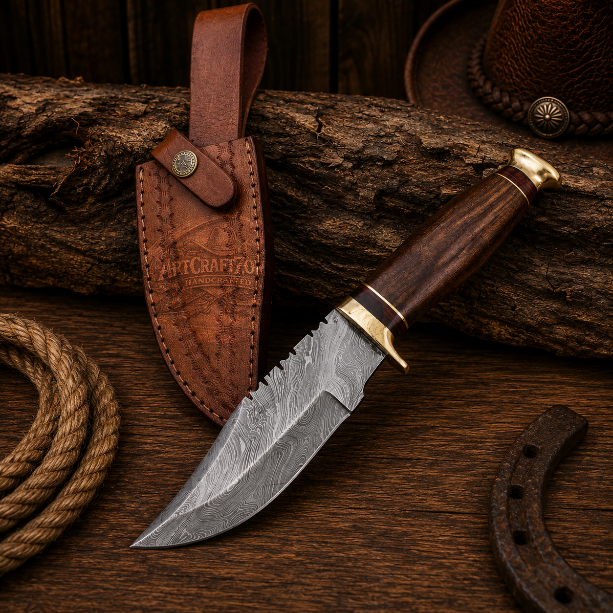 Handcrafted Hunting Premium Damascus Western Cowboy Field Work Tool Brass Guard Pommel with Leather Sheath