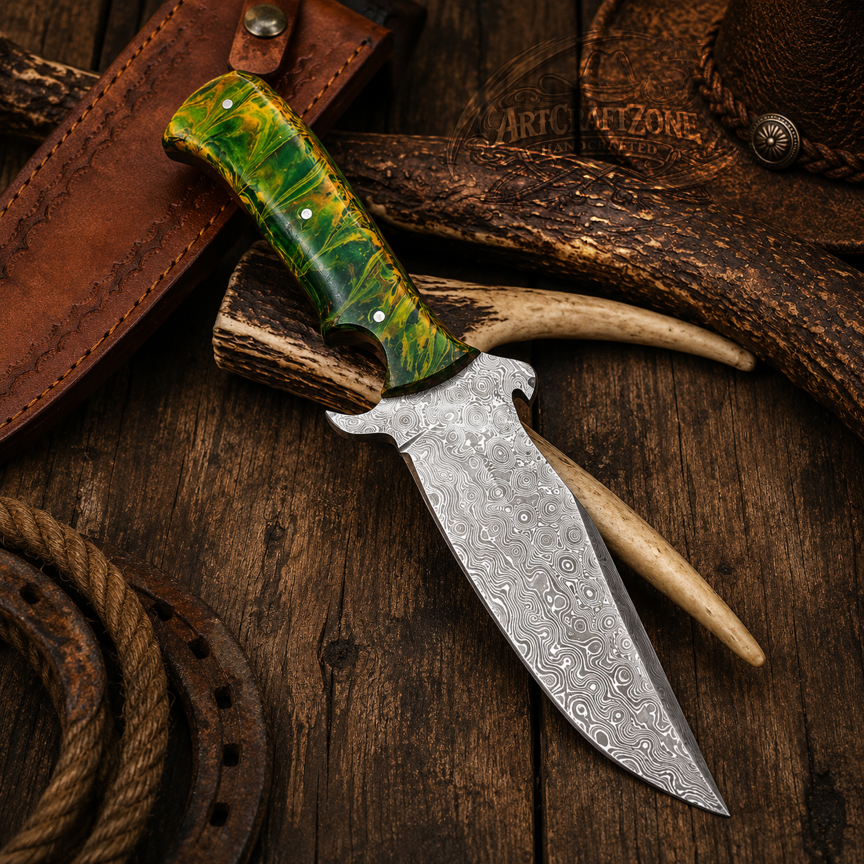 Handcrafted Skinning Hunting Premium Damascus Western Cowboy Field Work Tool Green Yellow Resin Handle with Leather Sheath
