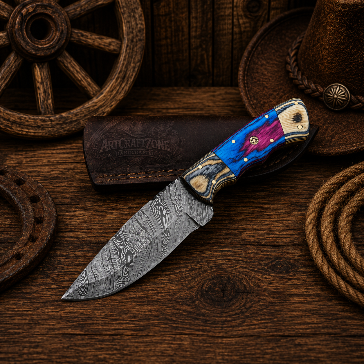 9" Handcrafted Skinning Knife Damascus Steel Pakka Wood Dollar Handle - Leather Sheath