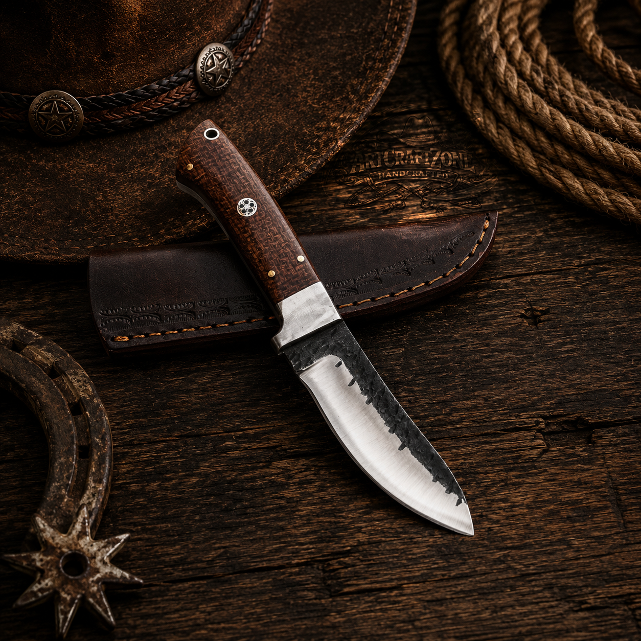 Handcrafted Skinning High Carbon Steel Western Cowboy Field Work Tool with Leather Sheath