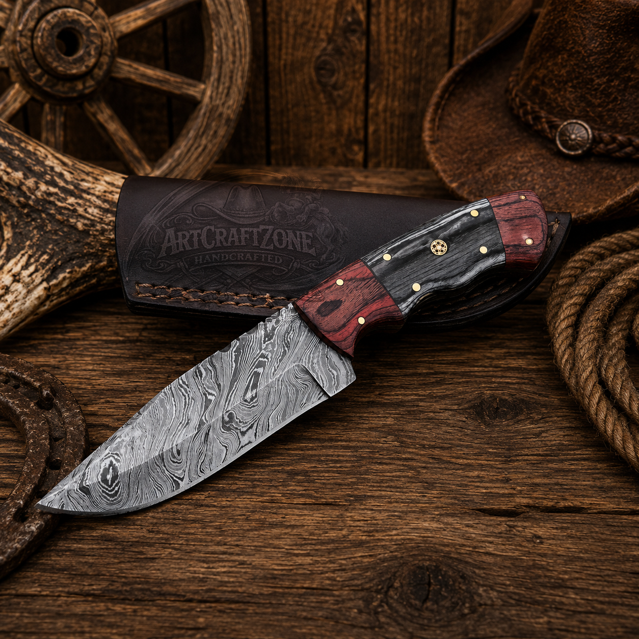 9" Handcrafted Skinning Knife Damascus Steel Pakka Wood Black Handle - Leather Sheath