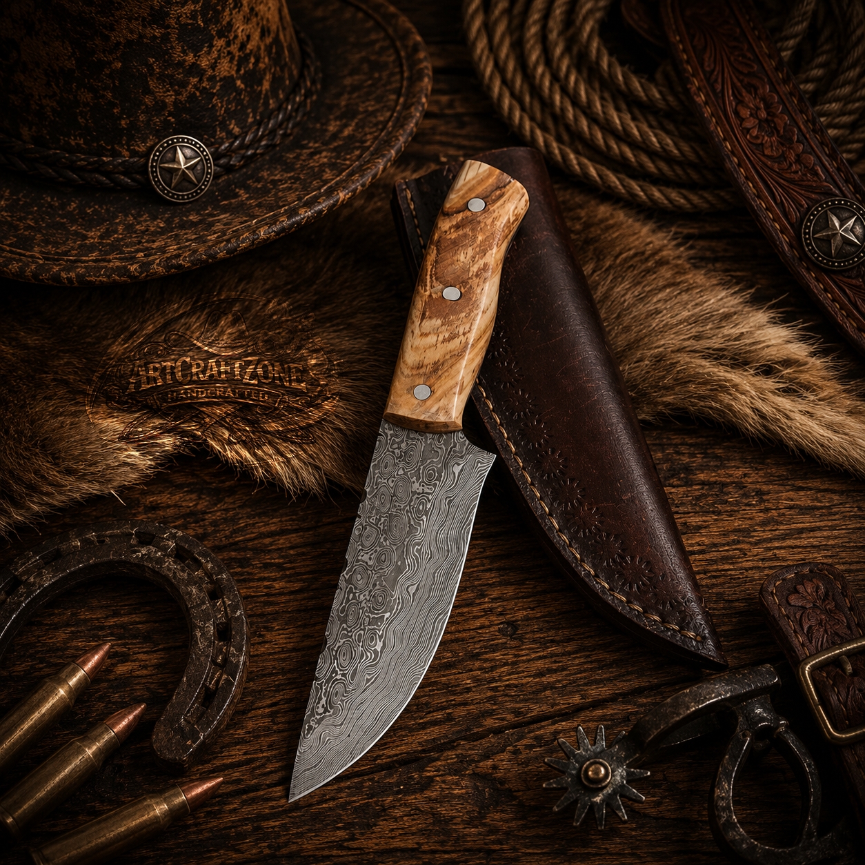 Handcrafted EDC Skinning Premium Damascus Western Cowboy Field Work Tool with Leather Sheath