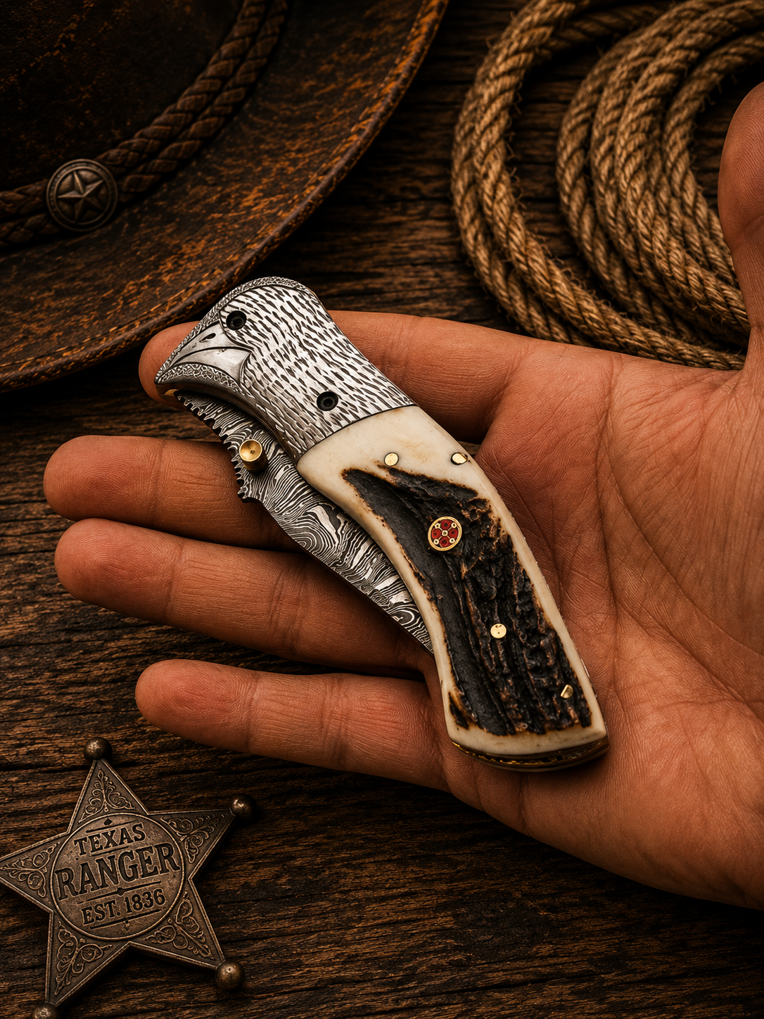 Handcrafted Antler Handle Damascus Western Cowboy Pocket Tool Engraved Guard with Leather Sheath