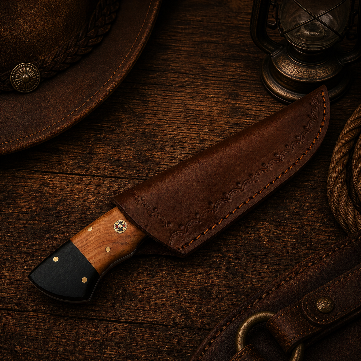 Handcrafted 9" Damascus Steel Field Work Western Cowboy Tool with Leather Sheath