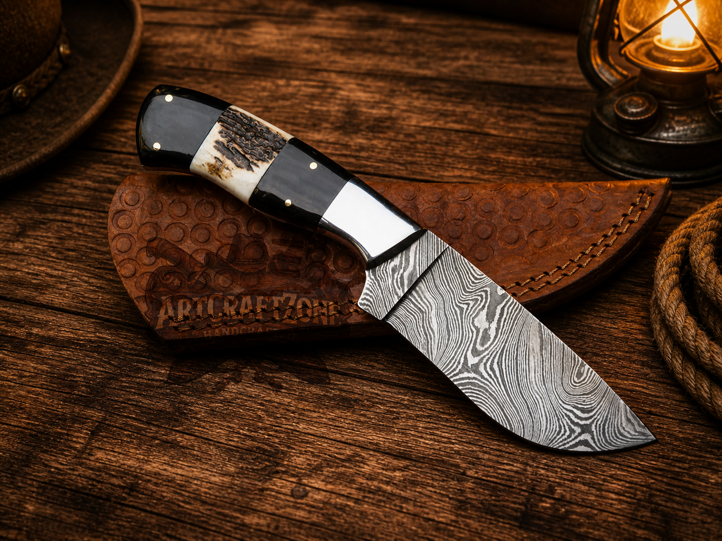 Handcrafted 8" Damascus Steel Field Work Western Cowboy Tool with Leather Sheath
