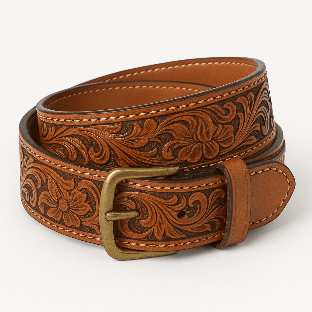 A coiled brown leather belt with detailed floral tooling and a brass buckle, photographed on a clean white background.