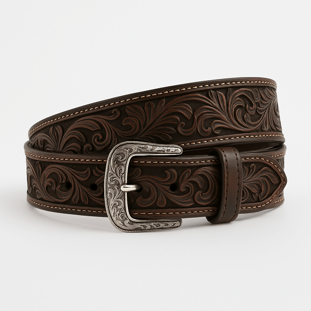 A dark brown tooled leather belt with an engraved silver buckle, coiled on a light gray background.
