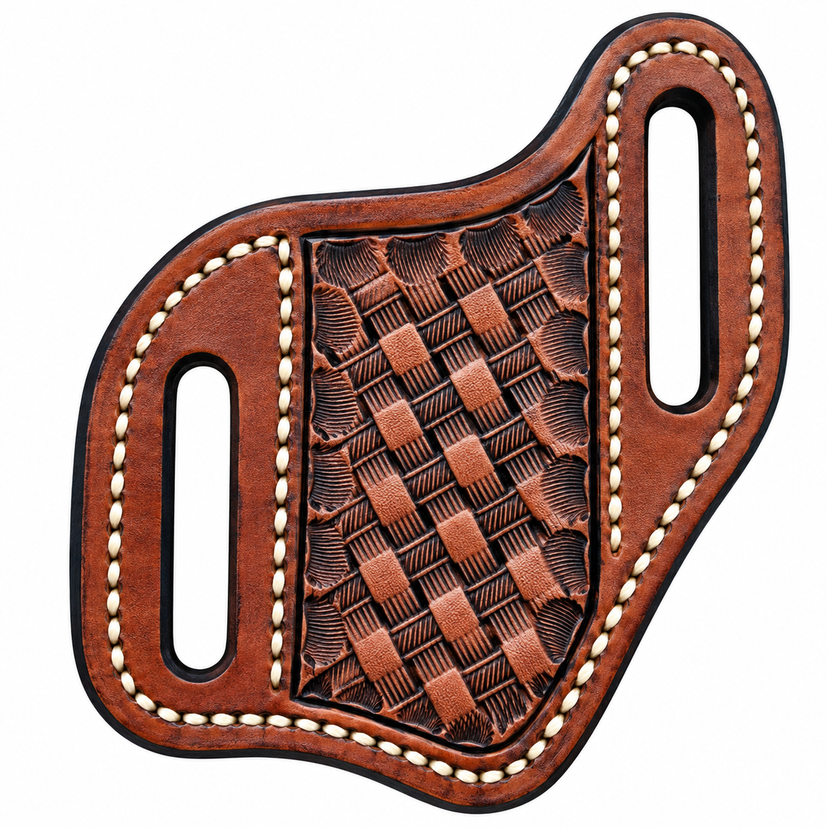 A brown leather holster with a woven basketweave pattern on the front, featuring two cutout handles and white contrast stitching on a white background.