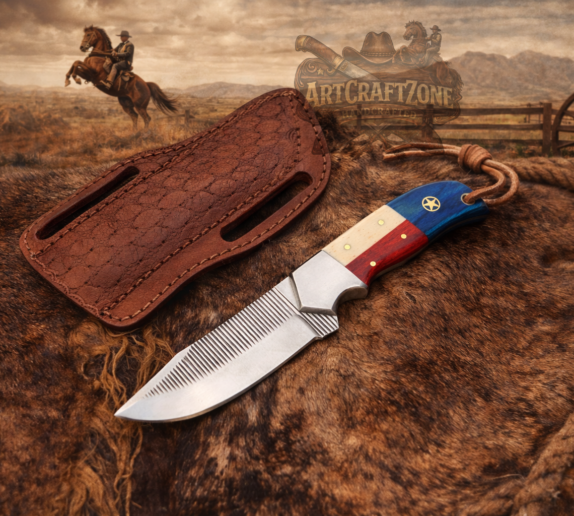 7" Handcrafted Rasp Steel Cowboy Tool White Bone Red & Blue Wood Handle - Leather Sheath