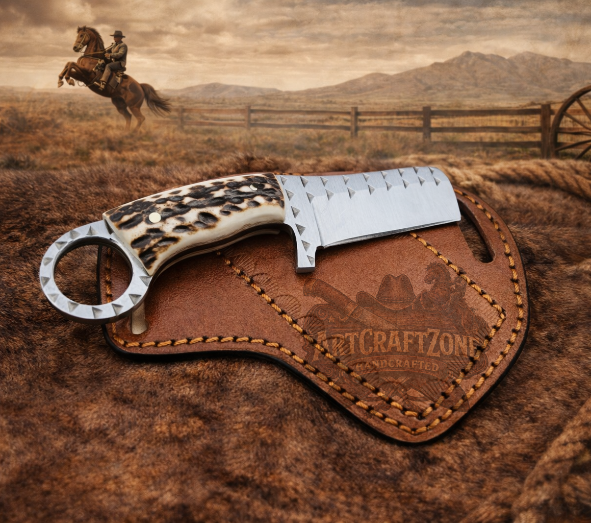 6" Handcrafted Farrier Rasp Steel Bull Cutter Antler Handle - Leather Sheath