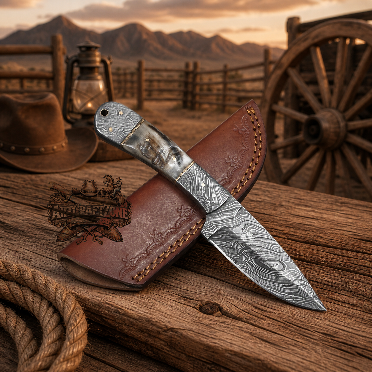 Handcrafted 8" Full Tang Damascus Steel Field Work Western Cowboy Tool with Leather Sheath