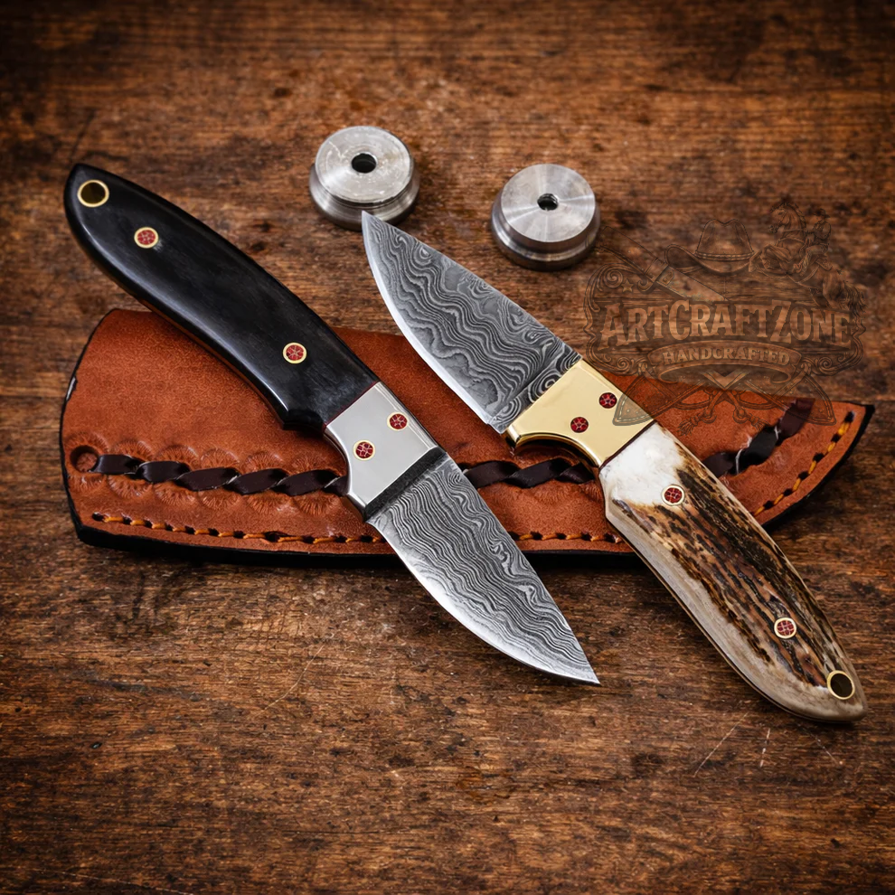 Handcrafted Pair 7" Damascus Steel Skinning Antler & Bone Handle - Leather Sheath