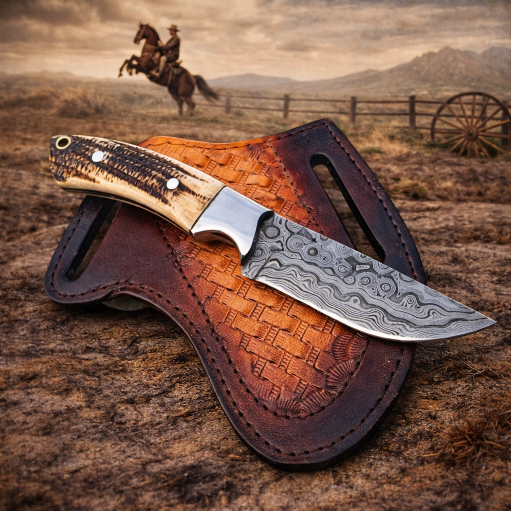 7" Handcrafted Damascus Steel Western Utility Tool Antler Handle - Leather Sheath