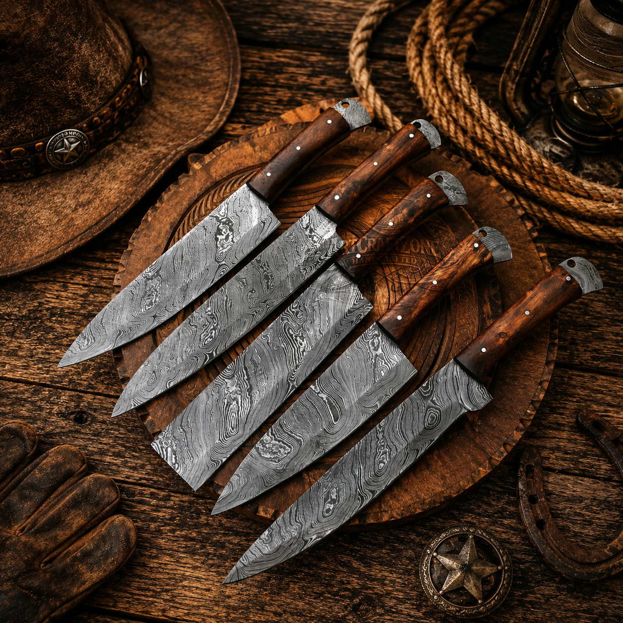 Handcrafted 5-Piece Damascus Steel Kitchen Chef Knife Set Ironwood Handle